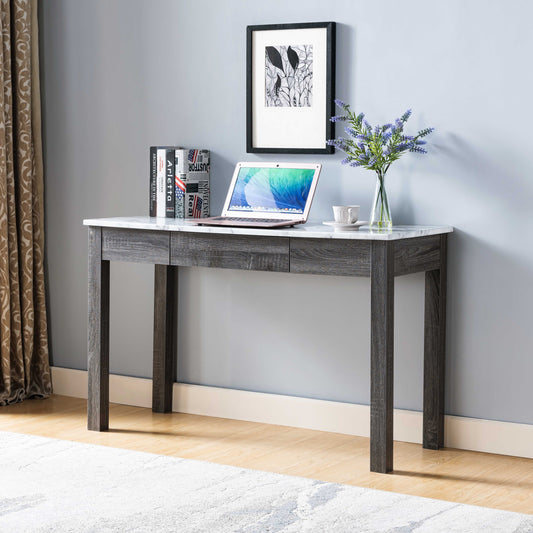 Elegant White Marble and Grey Distressed Desk with Drawer