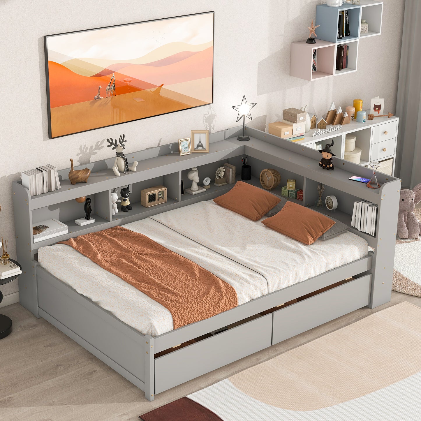 Full Bed with L-shaped Bookcases, Drawers ,Grey