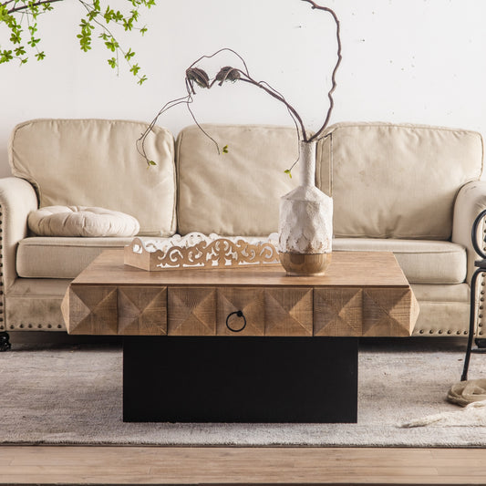 Retro Fir Wood Coffee Table with 3D Embossed Pattern and 2 Drawers