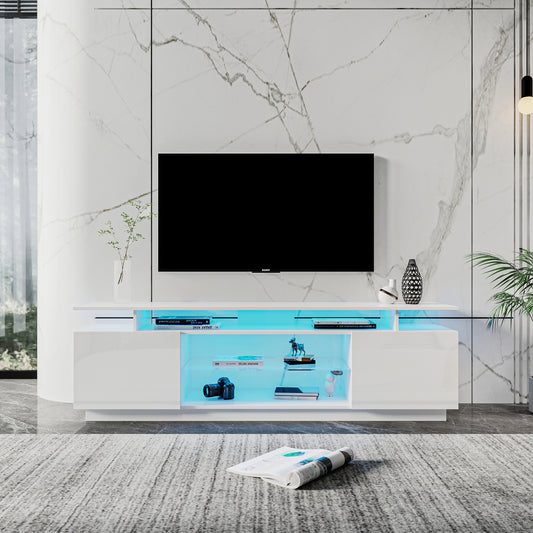 80 Inch White LED TV Stand with Storage Cabinet for Living Room and Bedroom