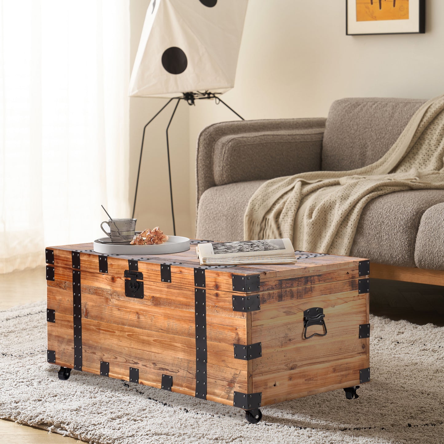 Industrial Charm Trunk Table with Mobility and Abundant Storage Capability, Natural Reclaimed Wood/Black Metal