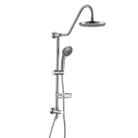 Luxurious Bathroom Shower System Set with Rain Showerhead, 5-Function Hand Shower, Adjustable Slide Bar, and Soap Dish in Brushed Nickel Finish