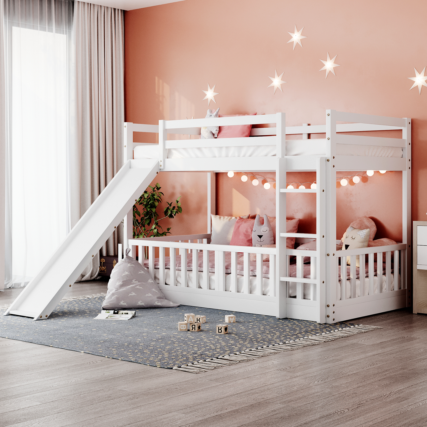 White Twin Bunk Bed with Slide, Ladder, and Space-Saving Design