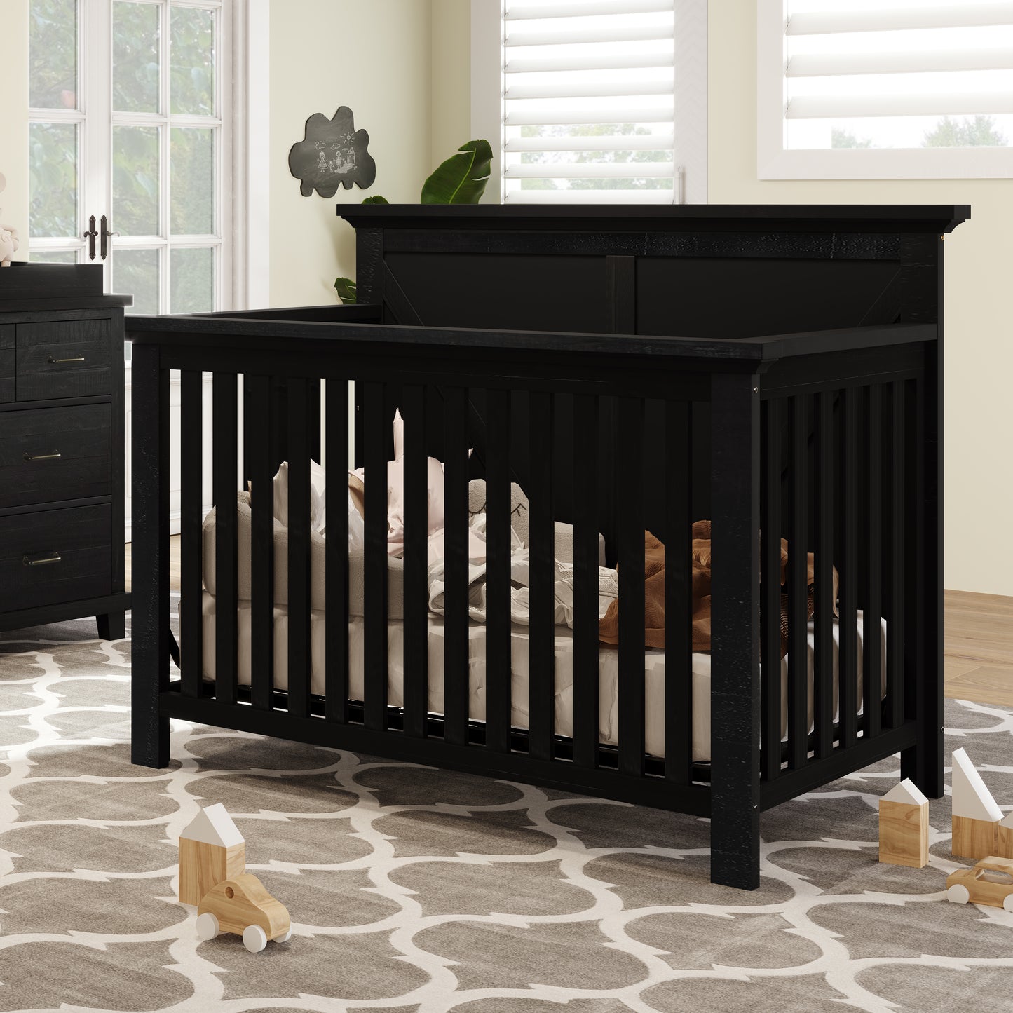 Rustic Farmhouse Style Blackwash 4-in-1 Convertible Baby Crib - Converts to Toddler Bed, Daybed and Full-Size Bed, Coffee