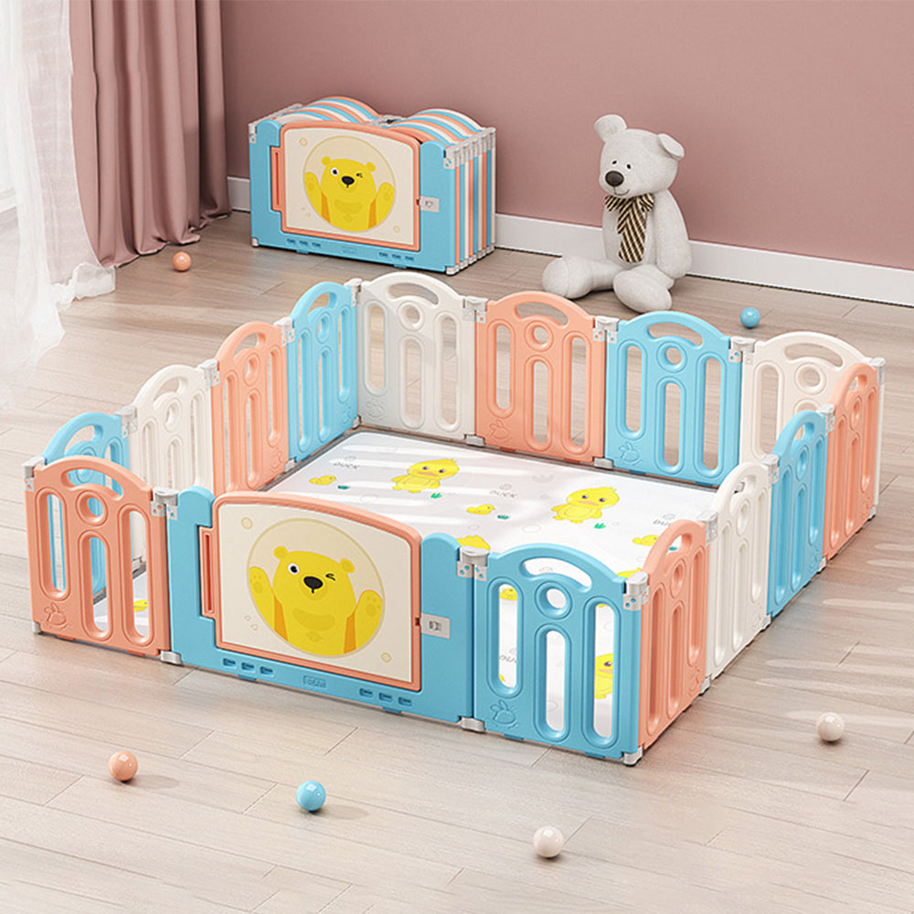 62.9 inch x 62.9inch Bear Macaron Color Foldable Playpen, Baby Safety Play Yard With Fence Indoor Toys With Play mat 14panel and 1 play mat