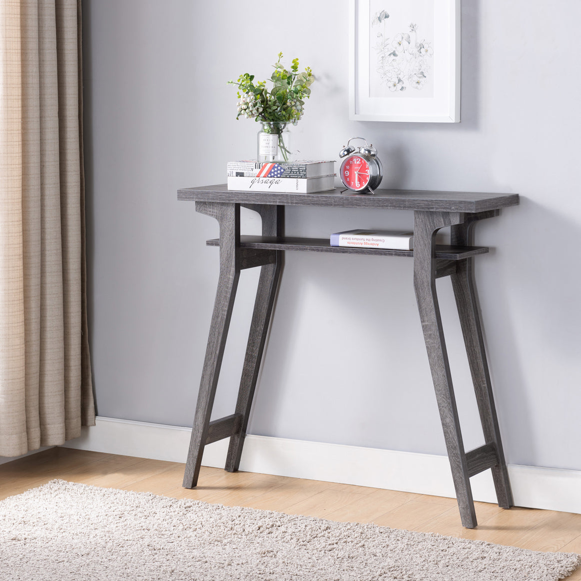 Grey Distressed Console Table with Dual-tier Shelving Unit