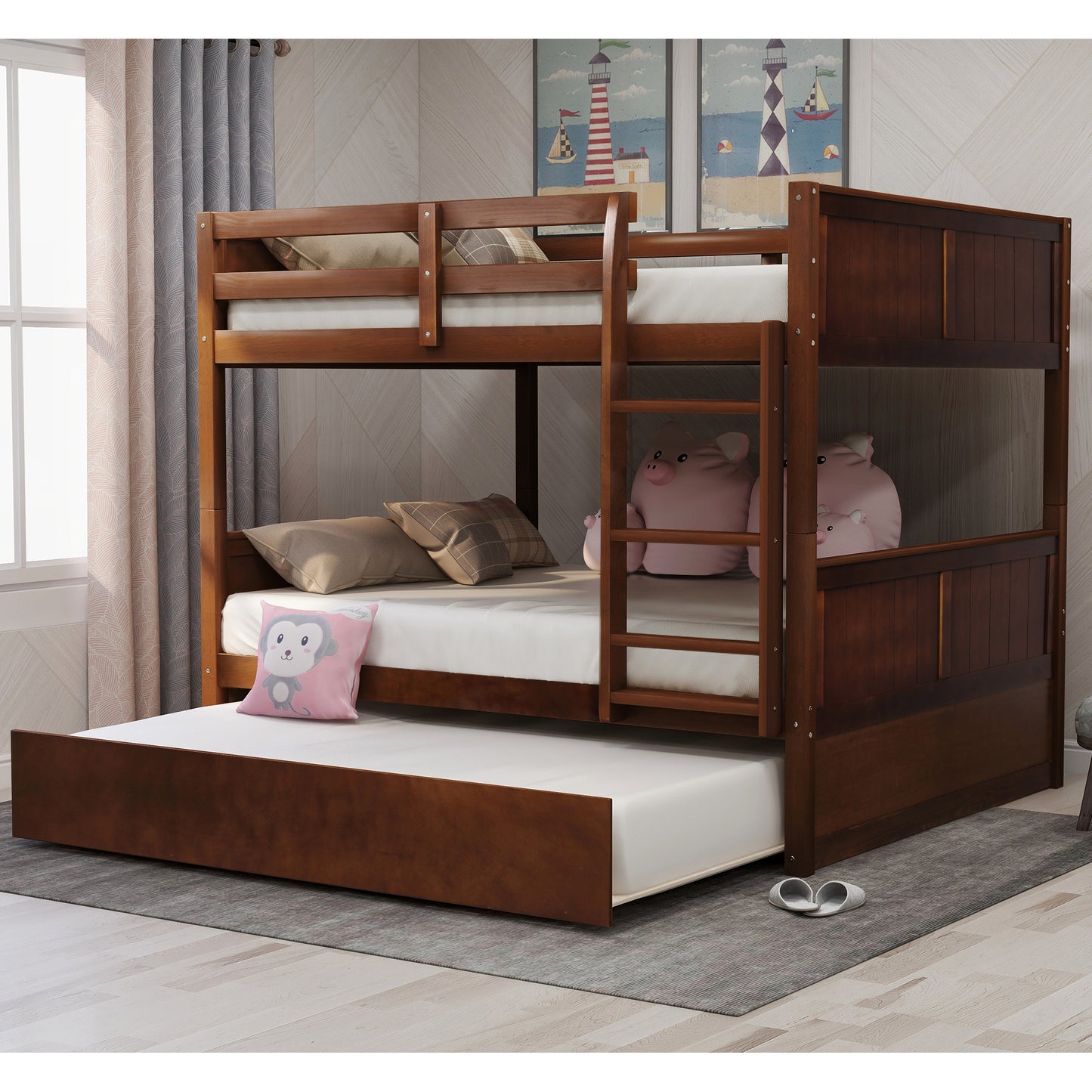 Versatile Full-Size Bunk Bed with Trundle in Walnut