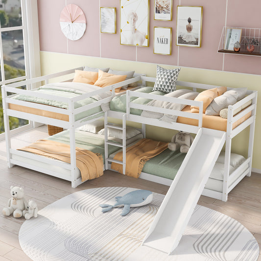 Elegant White L-Shaped Bunk Bed with Slide and Twin/Twin Configuration