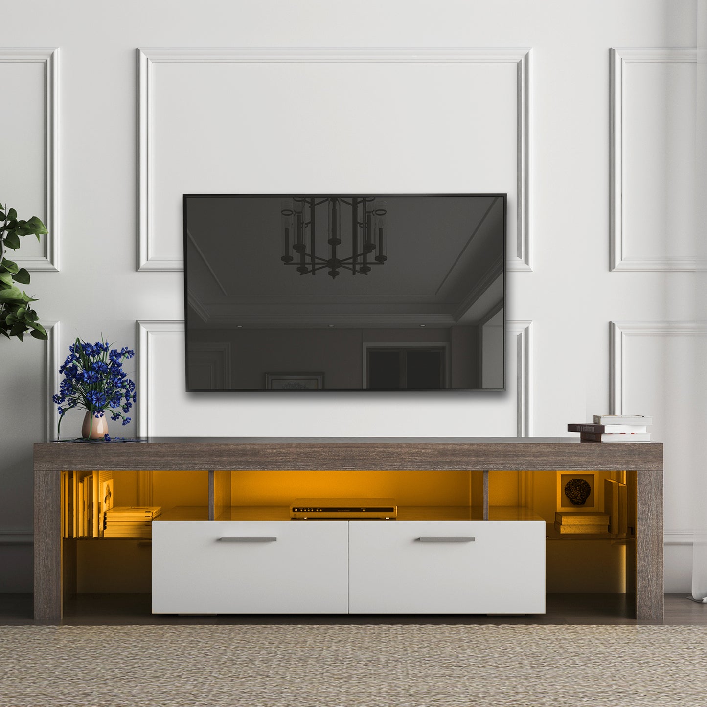 Modern Brown TV Stand with LED Lights and Toughened Glass Shelf