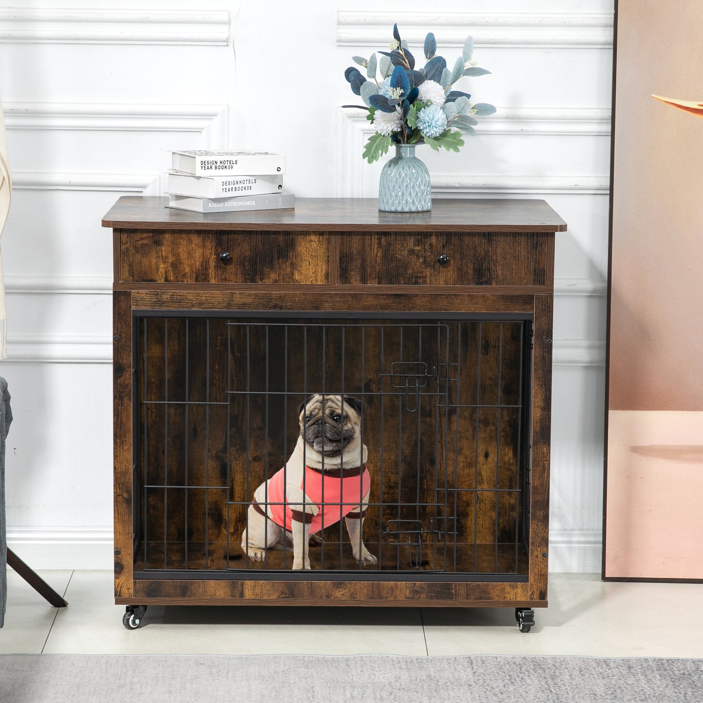 Dog Crate Furniture, Wooden Dog House, Decorative Dog Kennel with Drawer, Indoor Pet Crate End Table for Small Dog, Steel-Tube Dog Cage, Chew-Proof, Rustic Brown 31.7" L×23.2" W×33" H