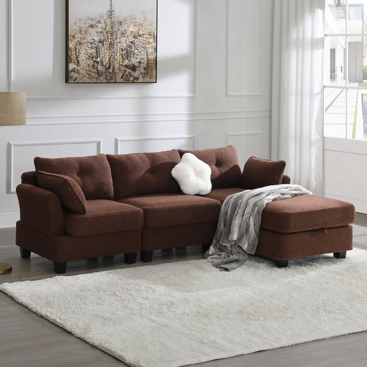 Modern Velvet L-Shaped Sectional Sofa with Charging Ports and Ottoman