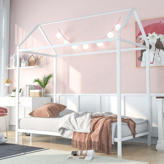 House Bed Frame Twin Size , Kids Bed Frame Metal  Platform Bed  Floor Bed for Kids Boys Girls No Box Spring Needed White