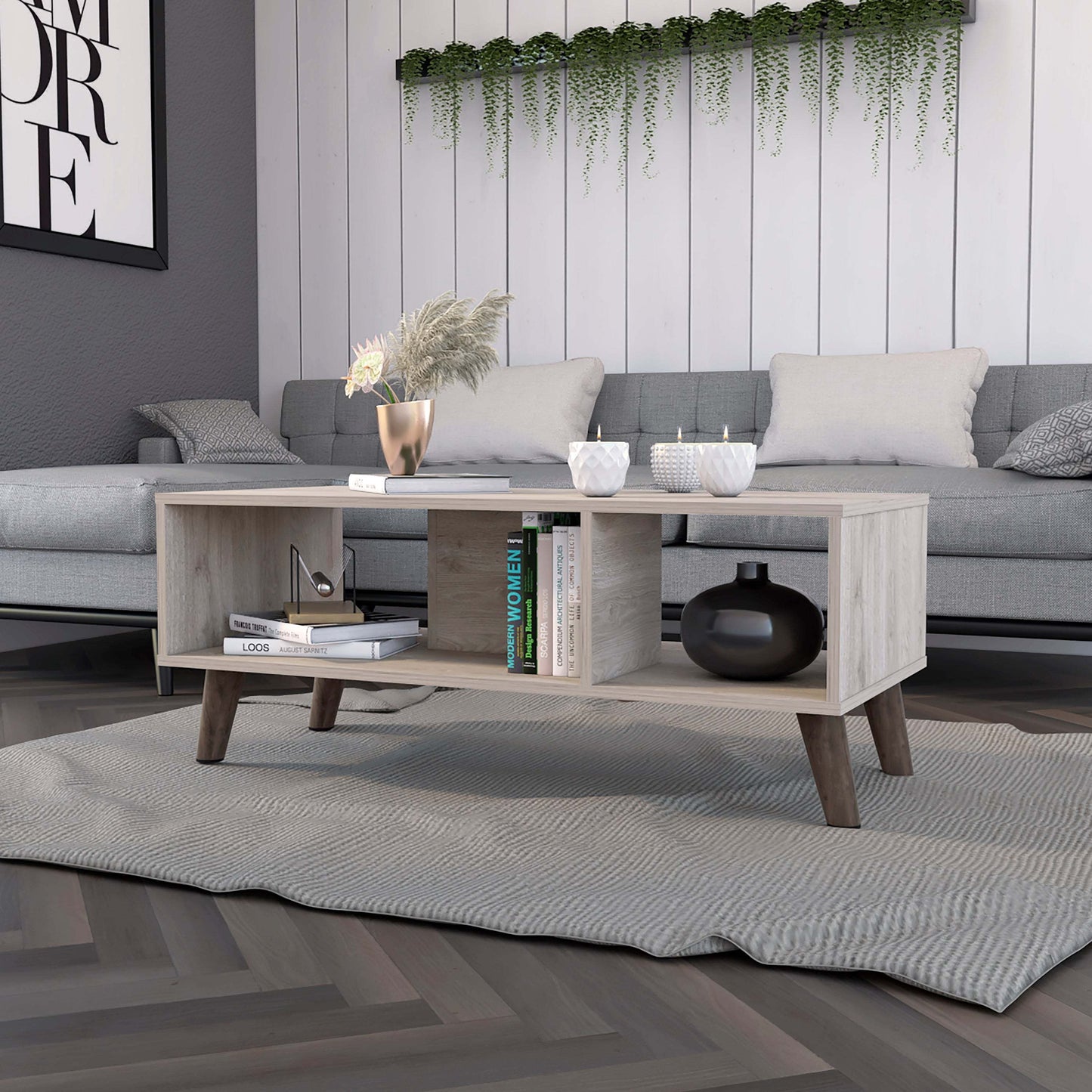 Contemporary Oregon Coffee Table with Dual Open Shelves and Sturdy Legs