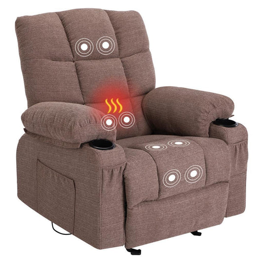 ComfortMax Brown Massage Recliner Chair with Heating, USB, and Side Pockets