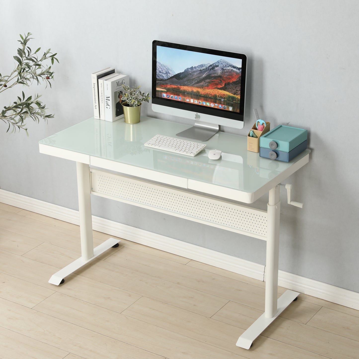 Height-Adjustable Glass Desk with Metal Drawer, 48 x 24 Inches