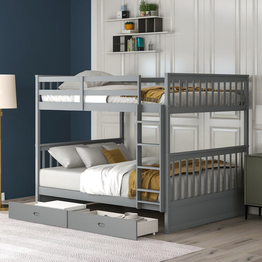 Gray Full-Over-Full Bunk Bed with Storage Drawers and Ladders