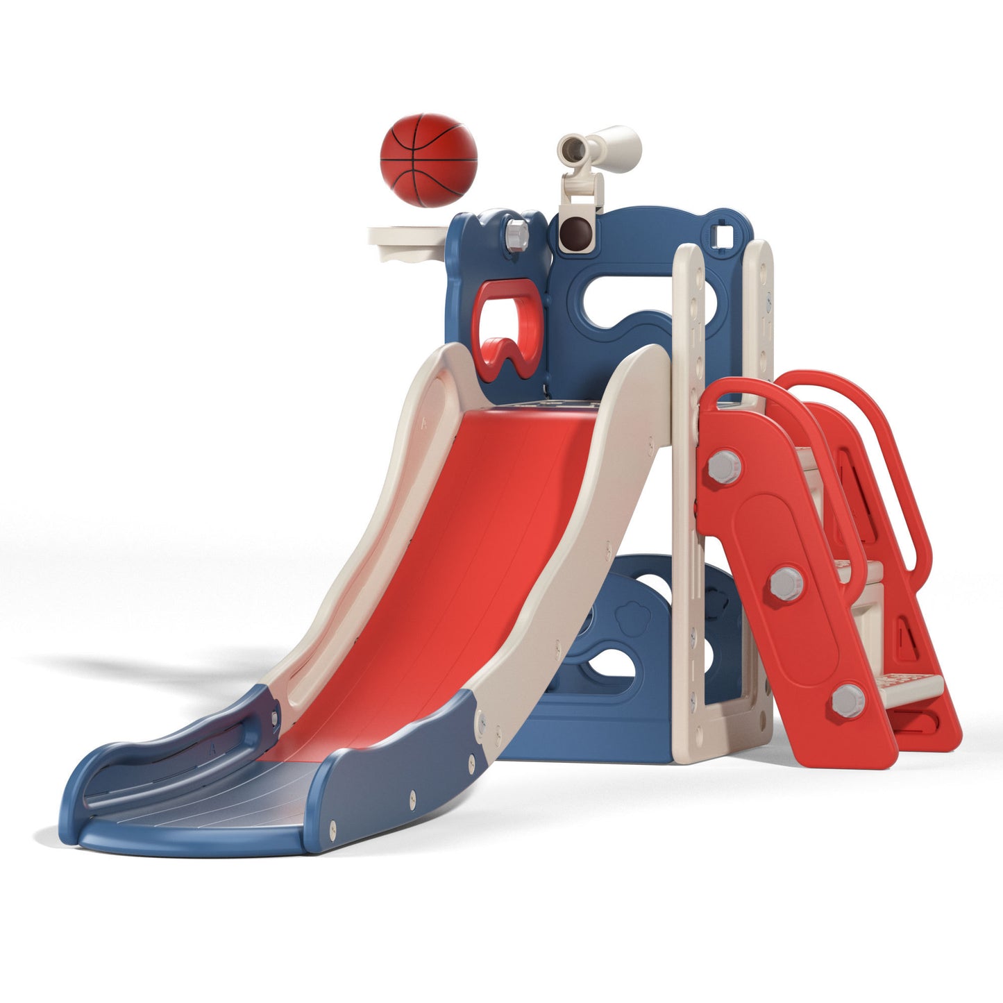 5-in-1 Kids Slide and Climber Playset with Basketball Hoop, Telescope, and Storage Space