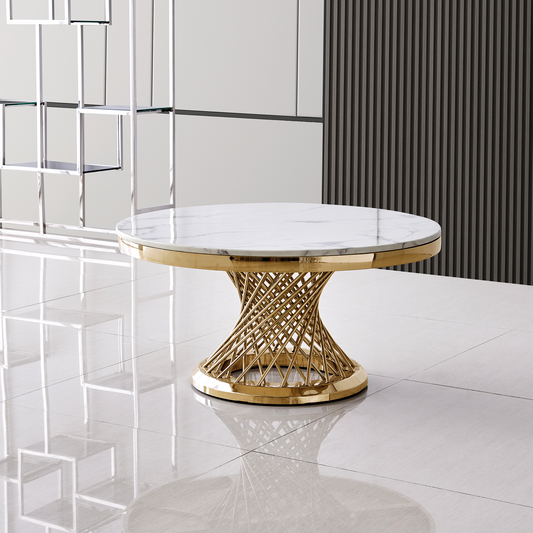 Golden Mirrored Marble Round Coffee Table with Stainless Steel Base