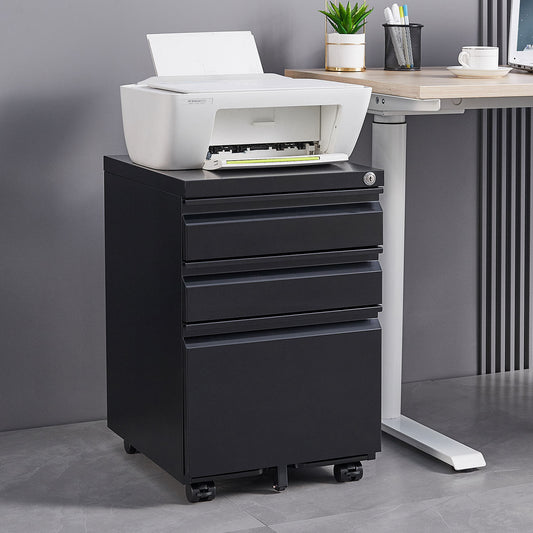 Mobile Black Metal Filing Cabinet with 3 Drawers and Lock