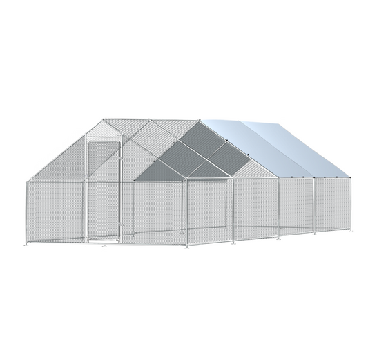 Metal Large Chicken Coop Walk-in Poultry Cage Large Chicken Run Spire Shaped Cage with Waterproof Anti-UltravioletCover, 1.26" Diameter Tube (9.8' L x 26.2' W x 6.4' H)