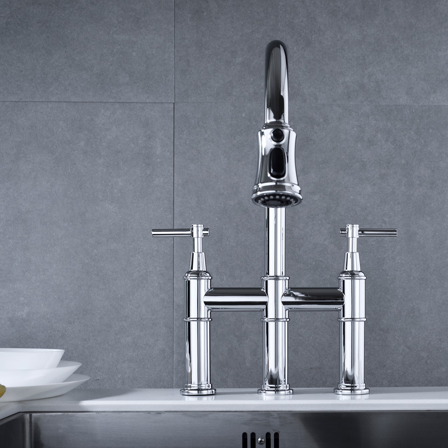 Bridge Kitchen Faucet with Pull-Down Sprayhead in Spot