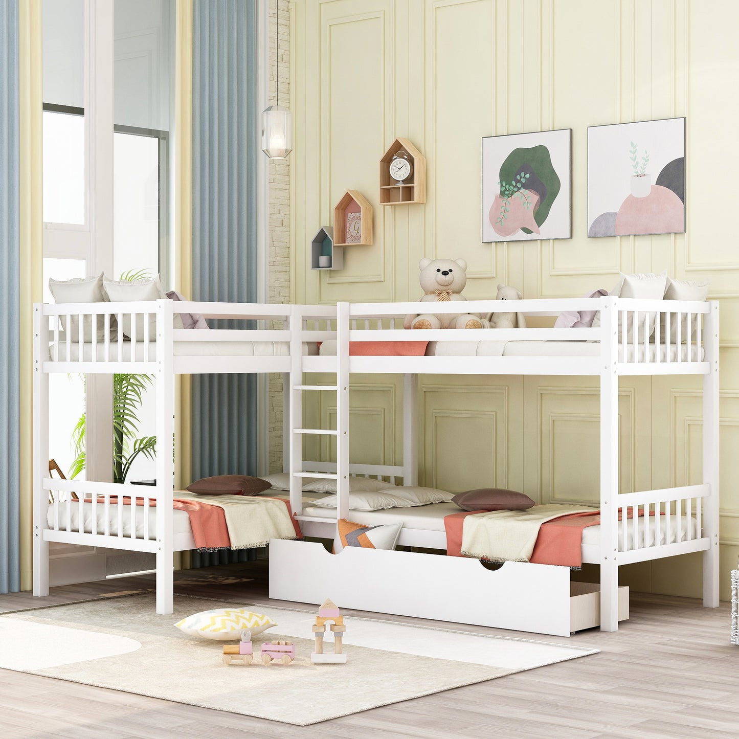 Gray Twin L-Shaped Bunk Bed with Storage Drawers