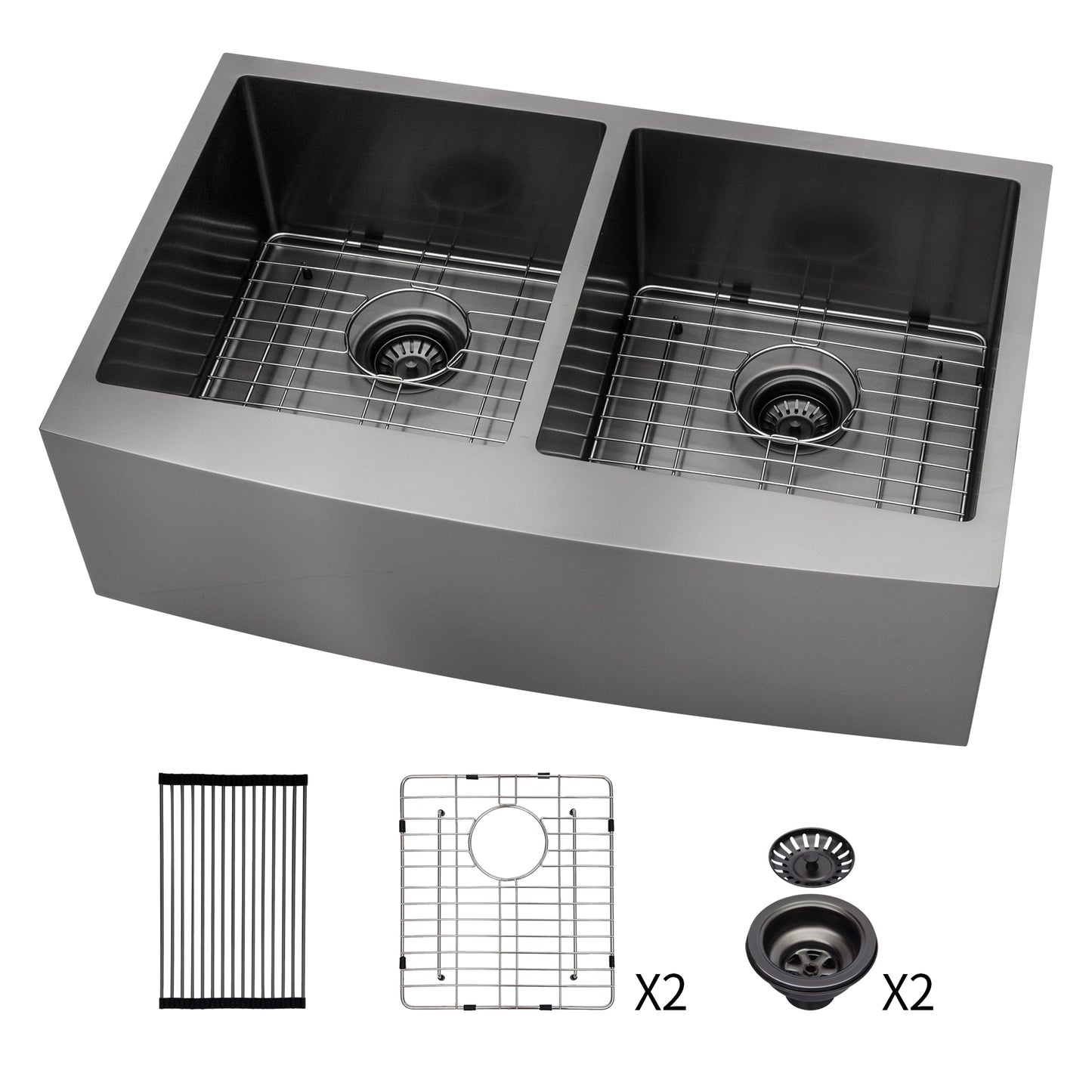 Gunmetal Black Dual Basin Stainless Steel Farmhouse Sink with X-Shaped Water Guide