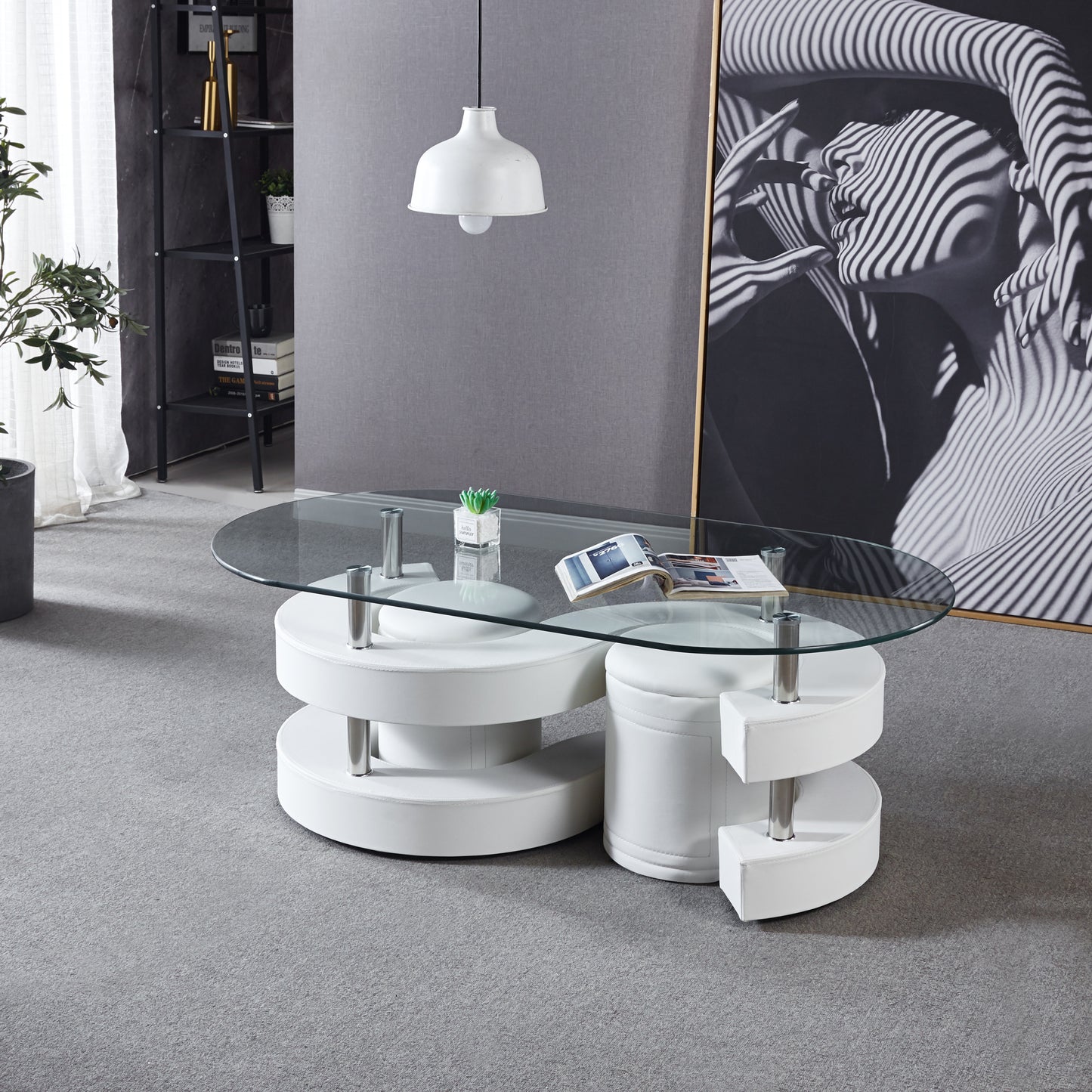 Modern 3-Piece Oval Coffee Table Set with Glass Top and Leather Stools