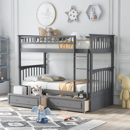 Gray Wood Convertible Bunk Bed with Twin-Over-Twin Beds and Drawers