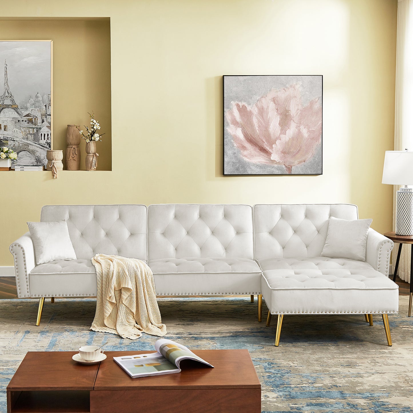 Modern Velvet Upholstered Reversible Sectional Sofa Bed , L-Shaped Couch with Movable Ottoman and Nailhead Trim For Living Room. (Light Grey)