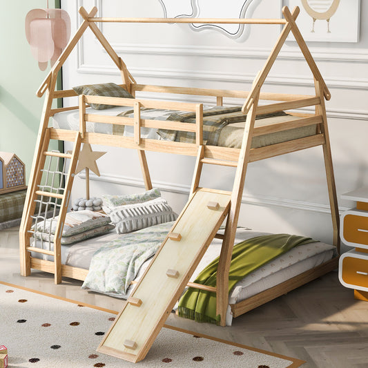 House Bunk Bed with Climbing Nets and Climbing Ramp for Twin and Queen Size, Natural