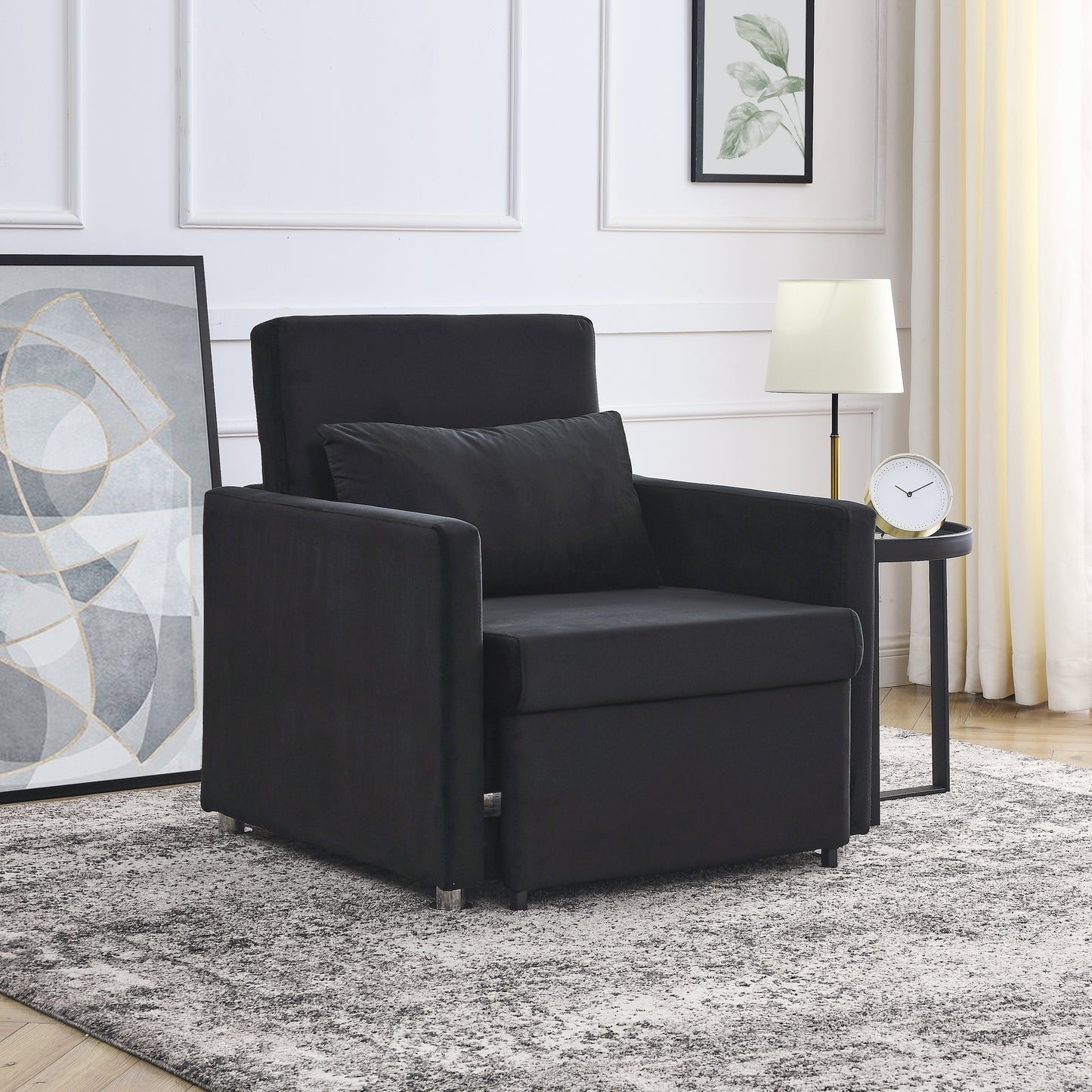 Sofa Bed Chair 2-in-1 Convertible Chair Bed, Lounger Sleeper Chair for Small Space with One Pillow, Black Velvet