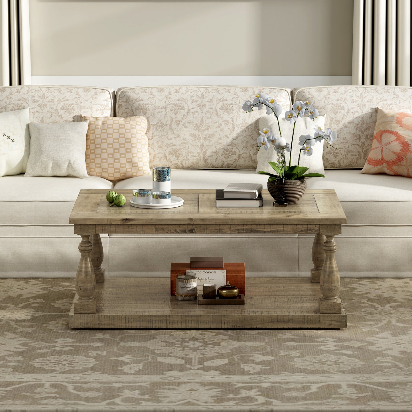 Rustic Pine Wood Coffee Table with Baluster Column Posts and Lower Storage Shelf