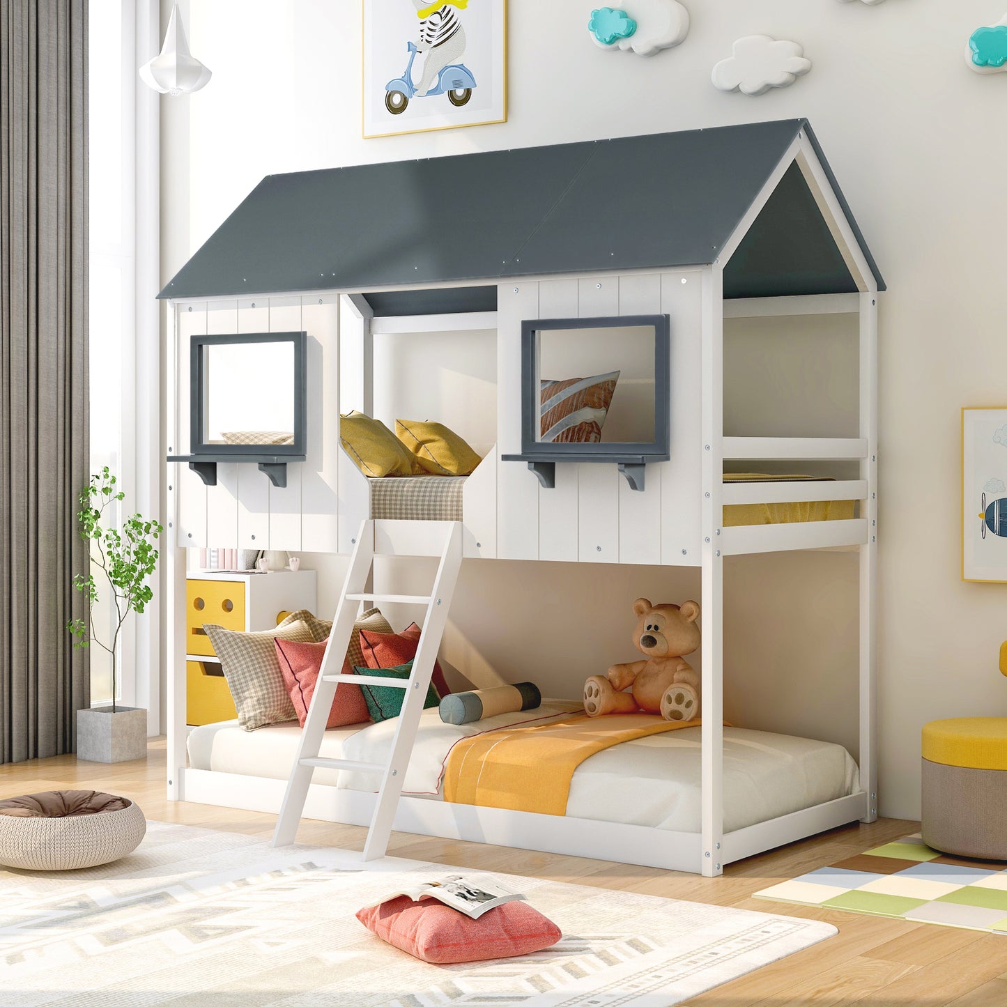 Twin Over Twin Bunk Bed with Playhouse-Inspired Design and Safety Features
