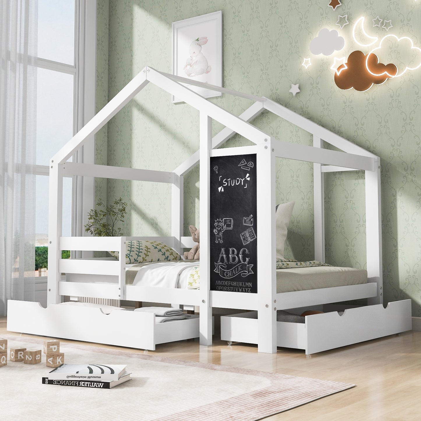 Full House Bed with Blackboard and Drawers, Two assembly options, White