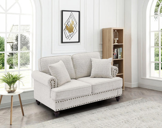 Elegant Chenille Upholstered 61 Love Seat with Armrests and Nails (White)