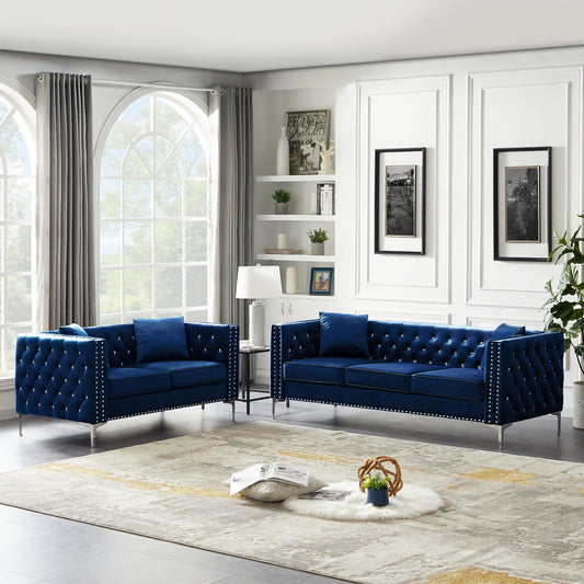 Modern Blue Velvet 2-Piece Living Room Set with Jeweled Button Tufting and Four Pillows