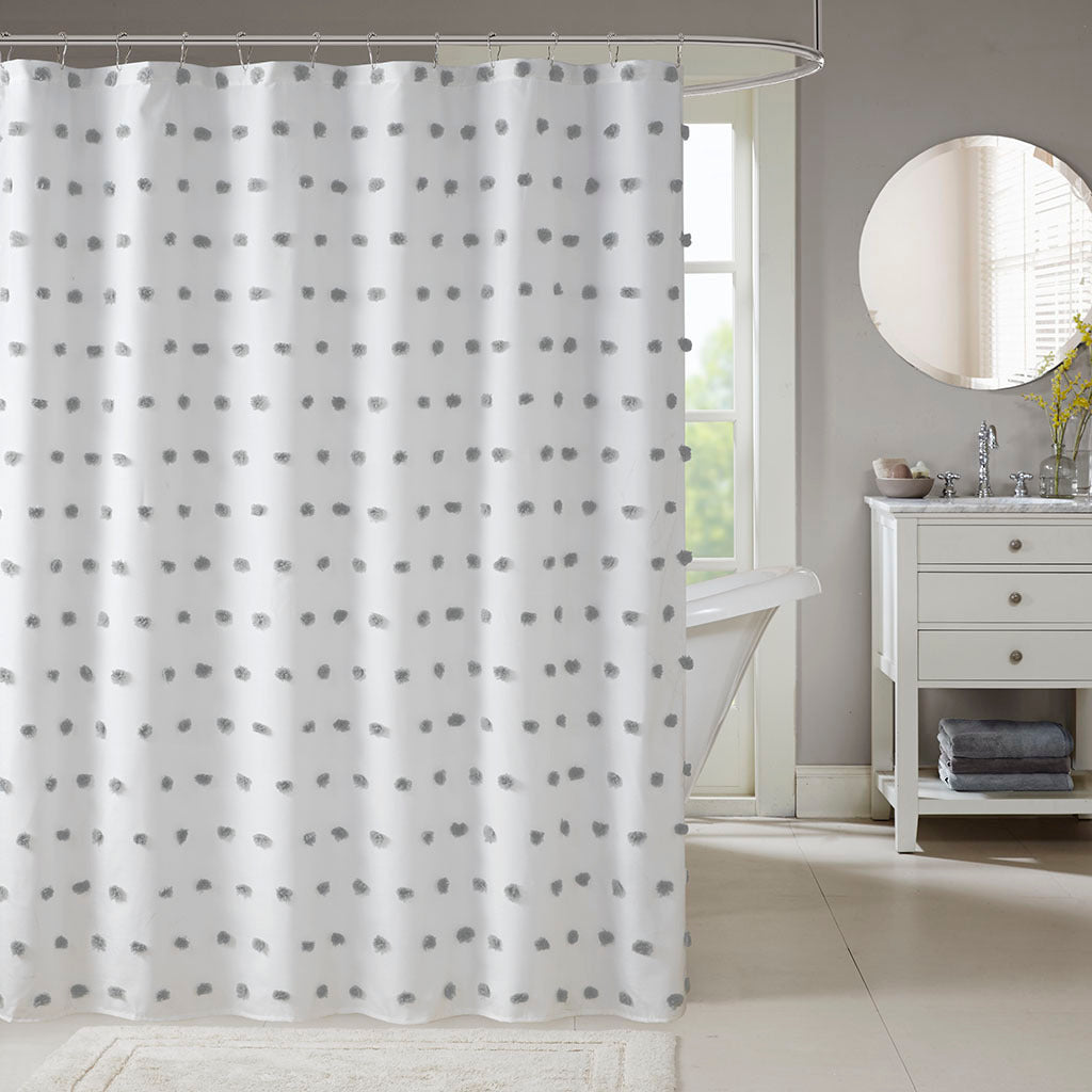 Sophie Textured Pom Pom Fabric Shower Curtain