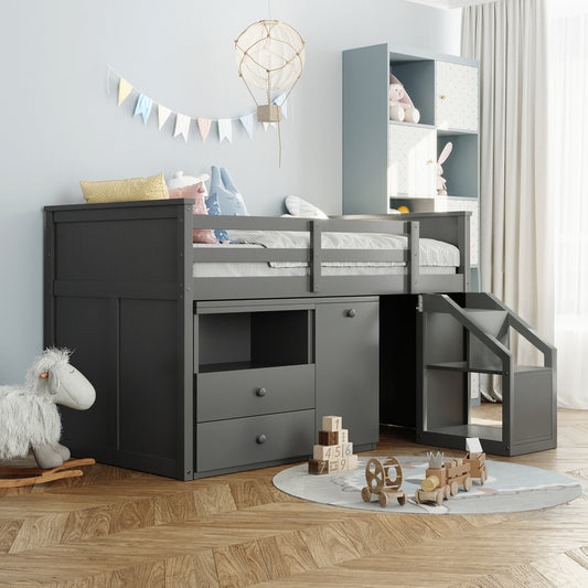 Loft Bed Low Study Twin Size Loft Bed With Storage Steps and Portable,Desk,Gray(: LT000101AAE)