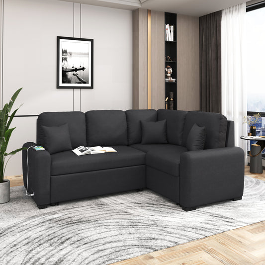 Sleeper Sectional Sofa with USB Charging Port and Plug Outlet, Pull-Out Bed with 3 Pillows, L-Shape Chaise for Small Living Spaces, Black