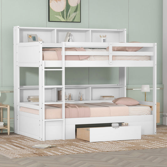 White Twin Size Bunk Bed with Underbed Storage Shelves and Drawer