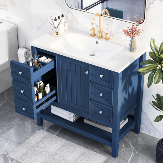 36" Bathroom Vanity with Sink Combo, One Cabinet and Three Drawers, Solid Wood and MDF Board, Blue