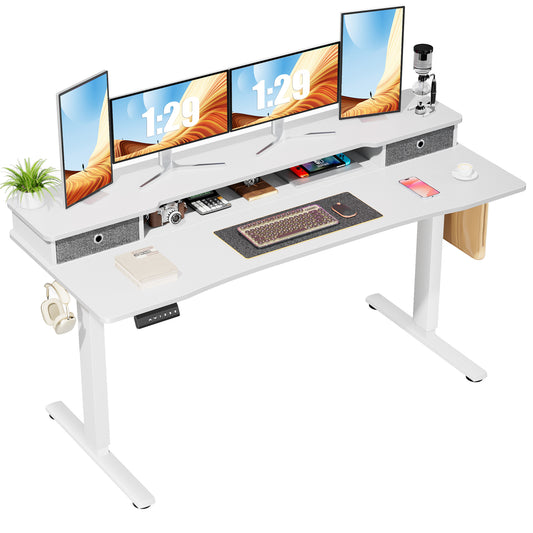 Adjustable Electric Standing Desk with Monitor Height Raise and Storage Shelf