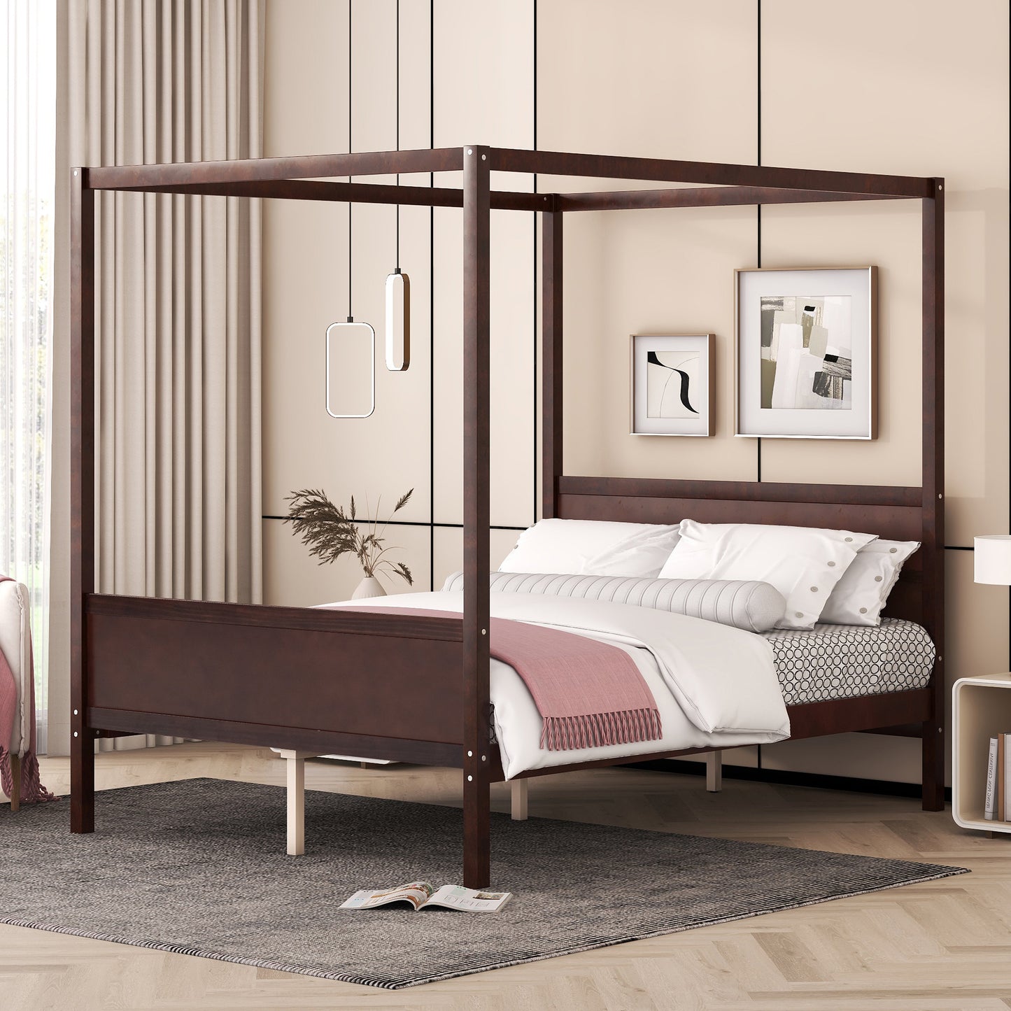 Queen Size Canopy Platform Bed with Headboard and Footboard, Slat Support Leg - Espresso