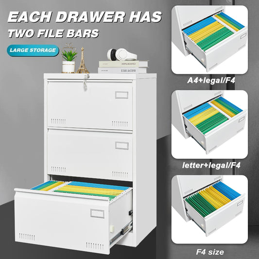 Lockable White Metal 3-Drawer Lateral File Cabinet for Office