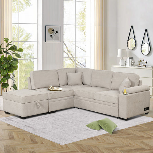 87.4 Beige L-Shape Sleeper Sofa Bed with Storage Ottoman