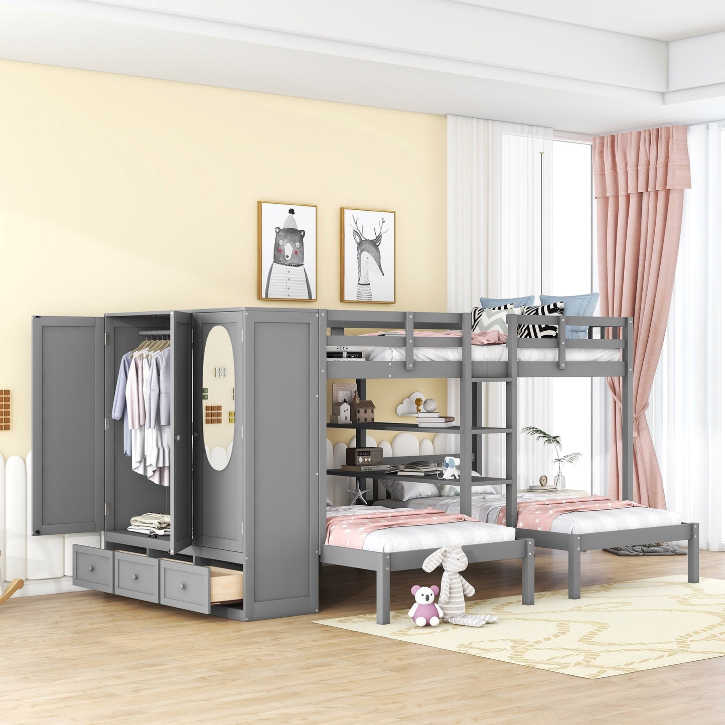 Gray Twin-Twin over Full Bunk Bed with Shelves, Wardrobe, Mirror