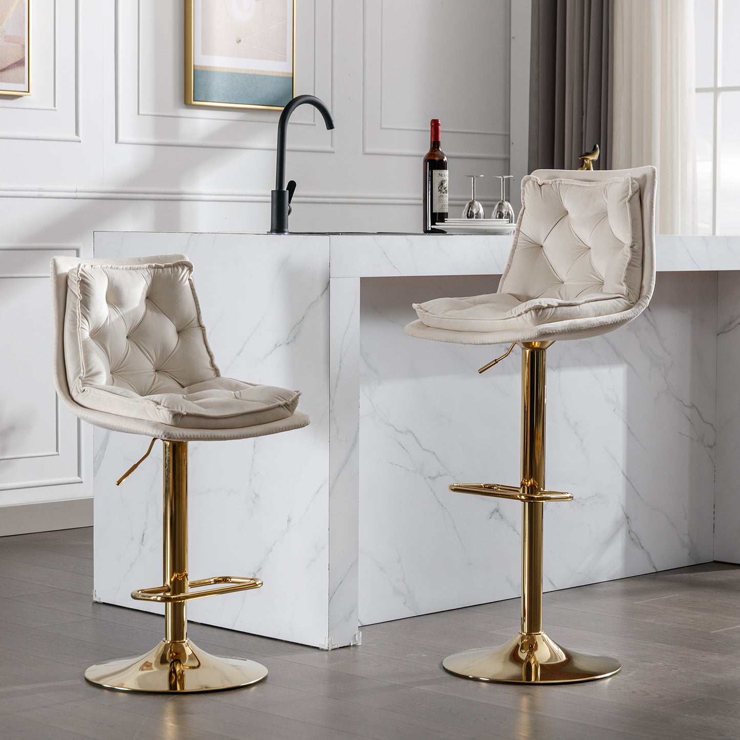 Set of 2 Bar Stools,with Chrome Footrest and Base Swivel Height Adjustable Mechanical Lifting Velvet + Golden Leg Simple Bar Stoo,cream