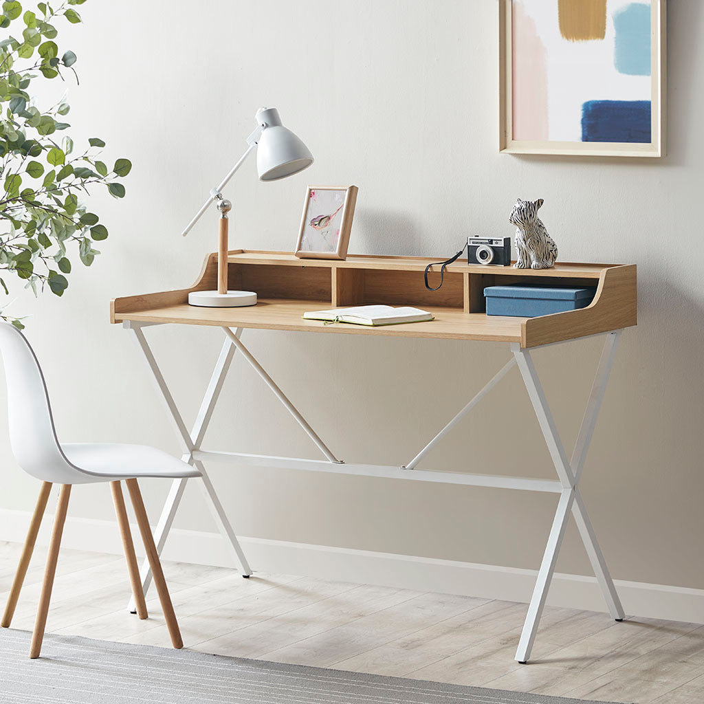 Modern White Writing Desk with Storage and Natural Finish