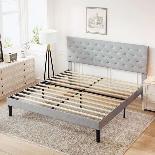 Simple Full Size Grey Bed frame, Adjustable Headboard